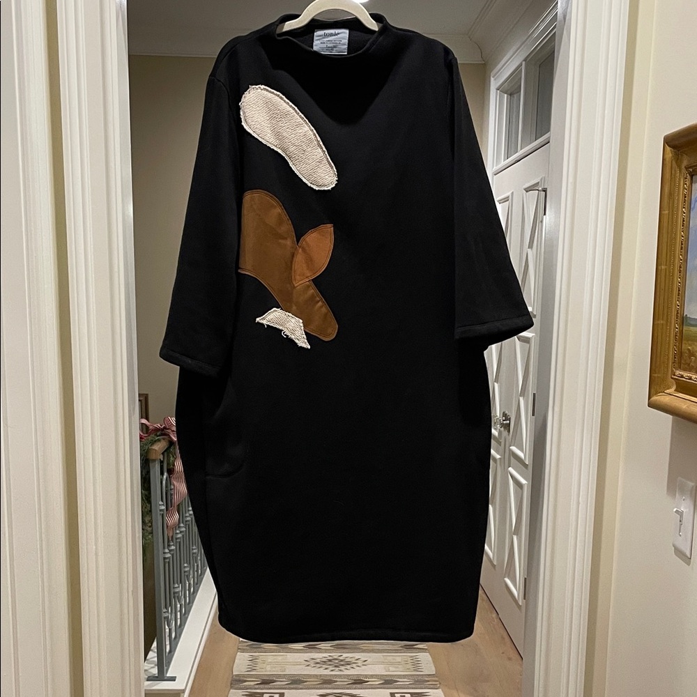 Tonle black Dress with Abstract brown and cream appliqués (bw)